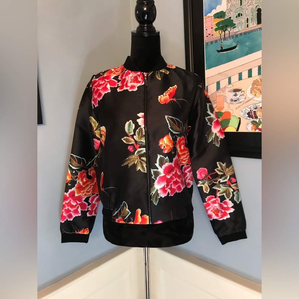 Black Scarf Print Floral Satin Bomber Jacket Sz S